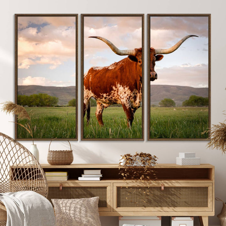 The Texas Cow Canvas Wall Art print captures a longhorn cow at sunset and is ready to hang.