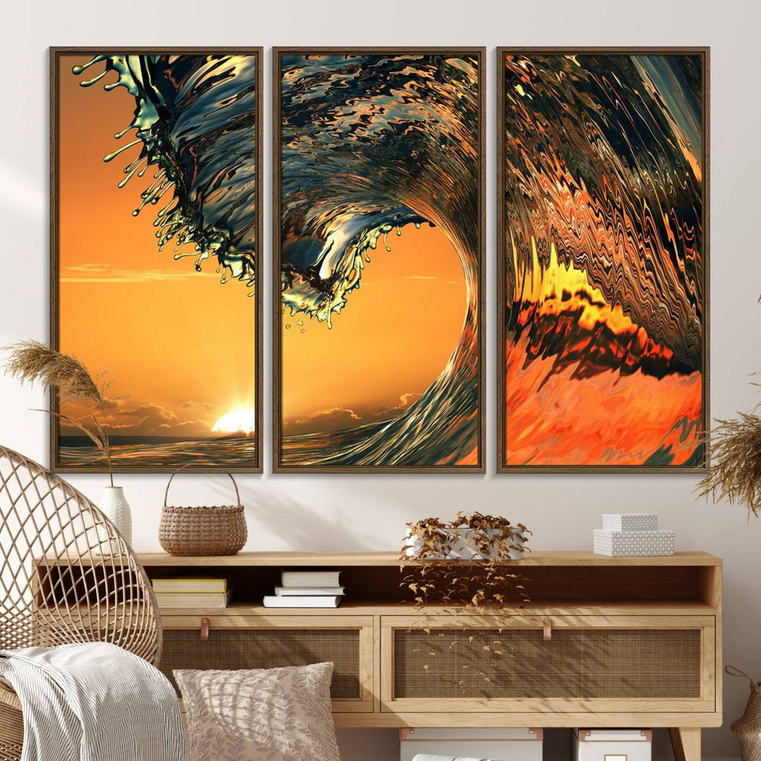 The Ocean Wave With Perfect Sunset canvas wall art adds a striking focal point to the room.