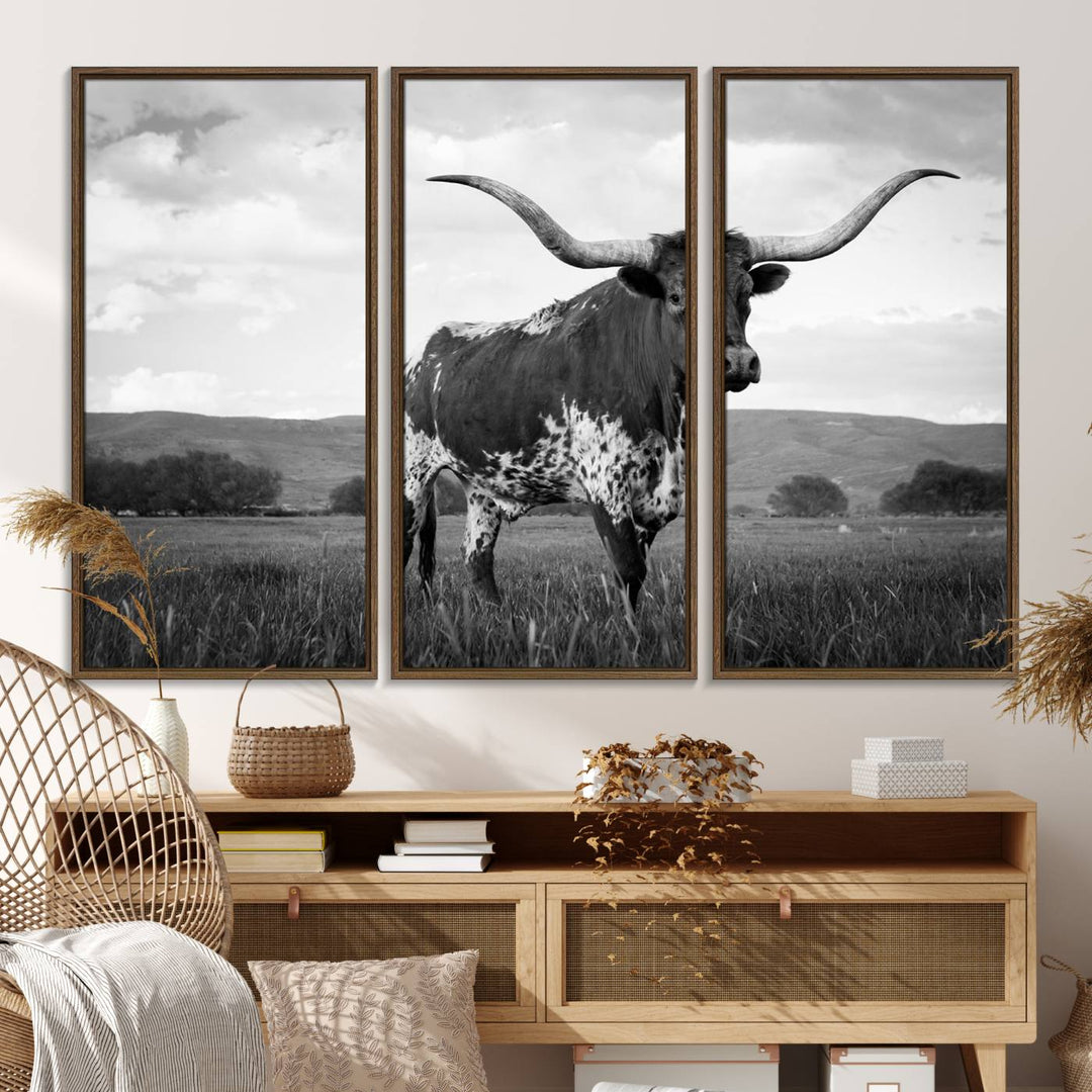 A Black and White Longhorn Texas Cow Canvas Wall Art.