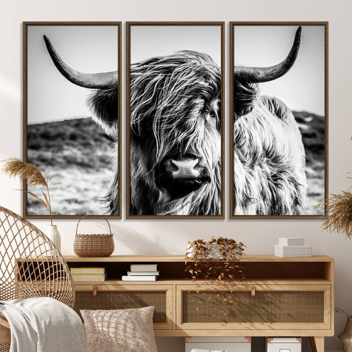 A Black and White Scottish Cow Canvas Print adorns the kitchen wall, perfect for farmhouse decor.