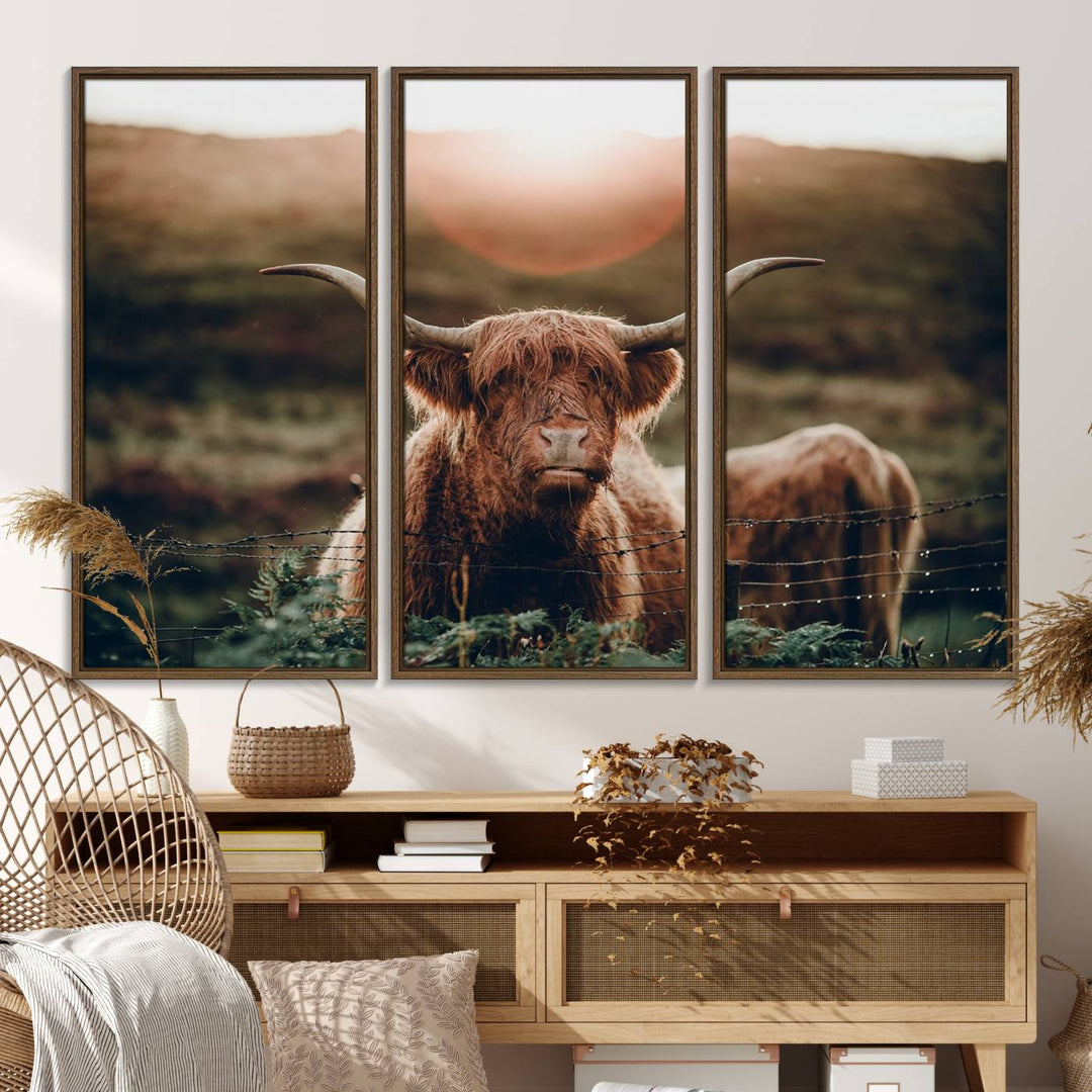 A Highland Cow Animal Canvas Wall Art, featuring a grassy field, is displayed on the wall.