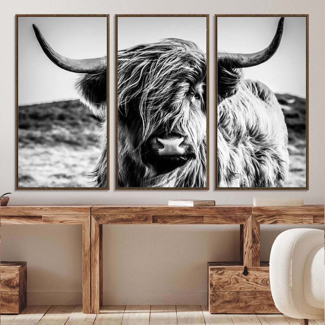 Highland Cow Wall Art | 3-Panel Black and White Highland Cow Canvas Print for Western Farmhouse Decor