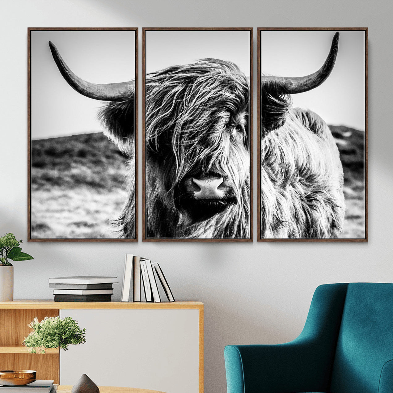 36979-MGV-CV-36X24 - Handsome Scottish Cow Black and White Wall Decor Canvas Art Print Extra Large Wall Art Highland Cattle Canvas Picture Animal Art Nature Photography High Quality Original Canvas Framed Ready to Hang