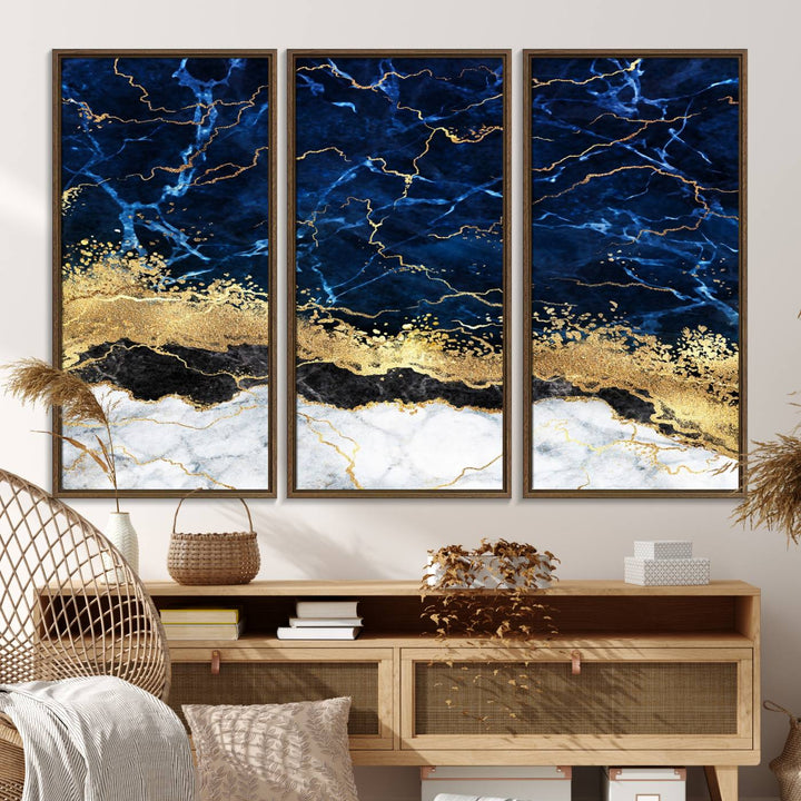 Navy Blue Marble Fluid Effect Canvas Wall Art, featuring a gold and white abstract design, adds a finishing touch to your modern kitchen decor.