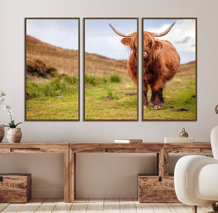 A Highland Cow Animal Canvas Wall Art hangs on the wall, adding warmth to the room.