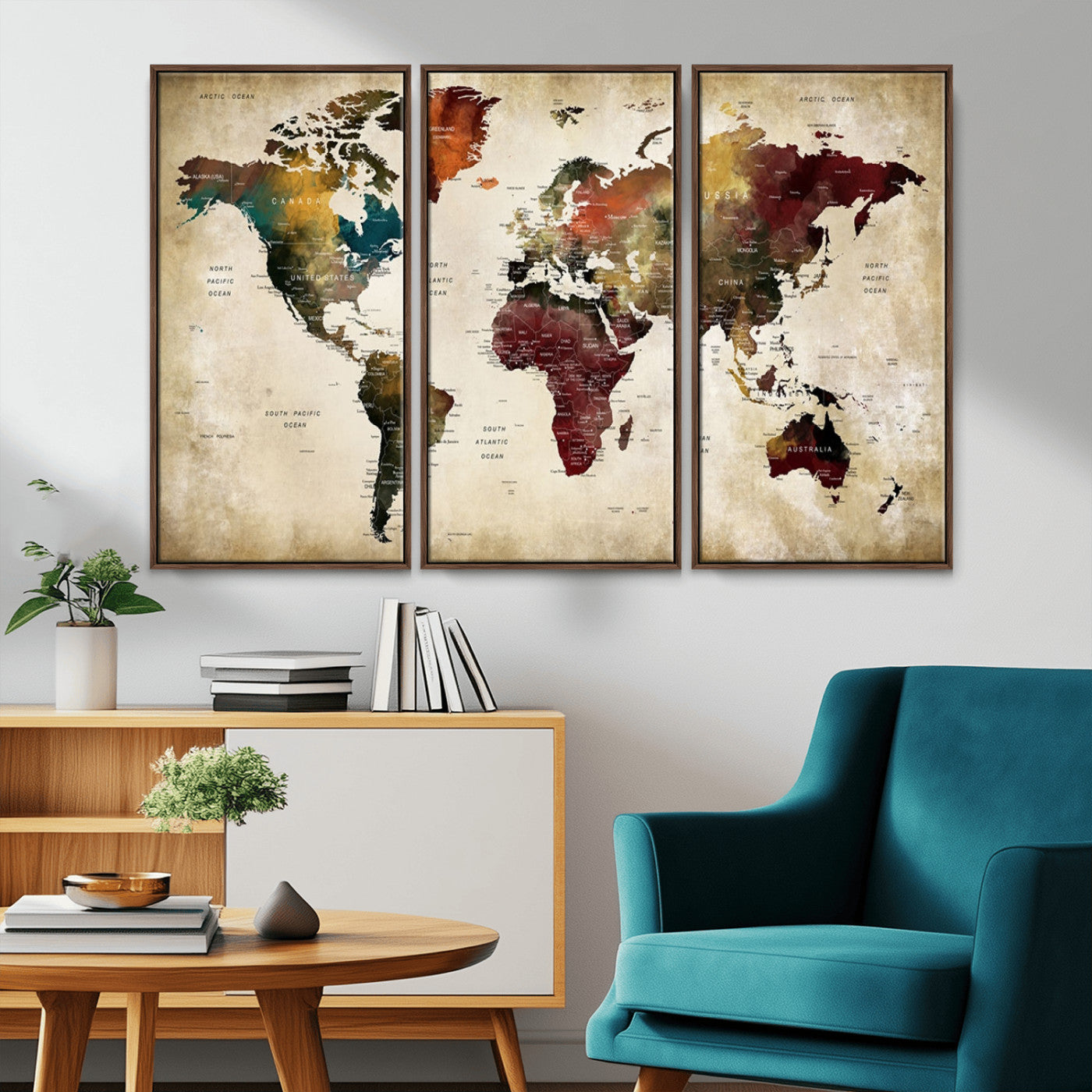 MGV-FC-48X32-3P - Large World Map Wall Art Canvas Print, Framed Push Pin Map Art Picture Print, Abstract Traveller Map Perfect Modern Decor Artwork
