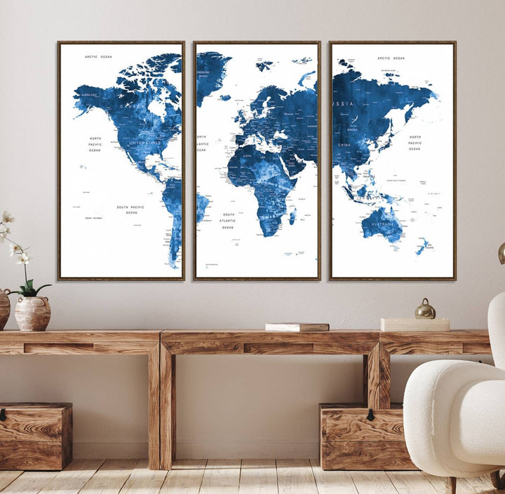 Navy Blue Wall Art World Map Canvas Print, an ideal piece for anyone seeking unique home or office decor.