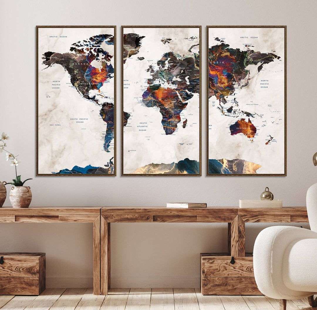 Watercolor World Map Canvas Print in earthy hues with a grunge background, ideal for wall decor.