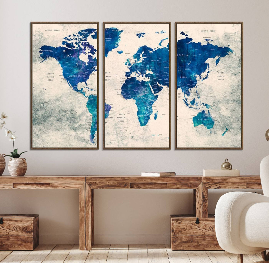 Navy Blue Push Pin World Map Canvas Print featuring a grunge-stained background, with labeled countries and oceans.