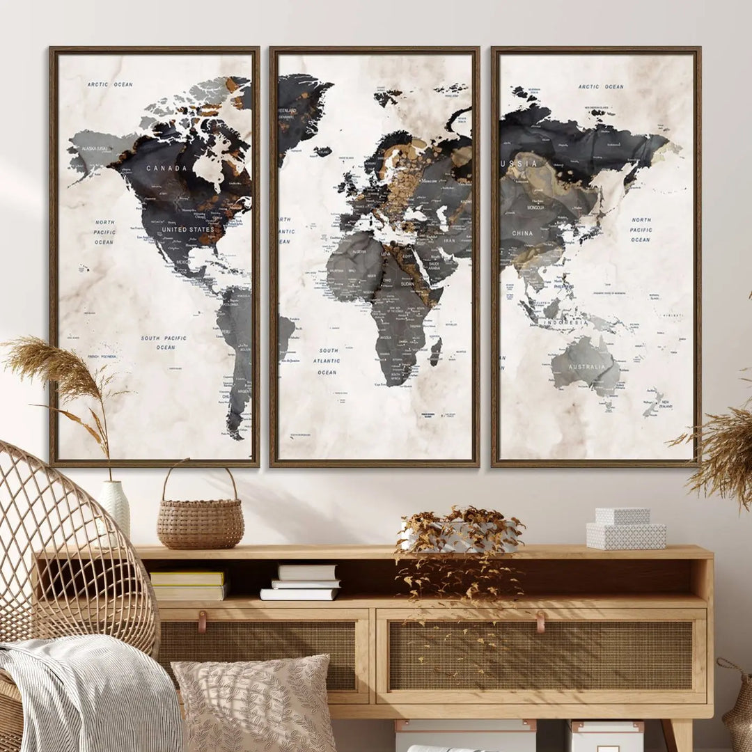 The dining room wall is adorned with the World Map Canvas Print – Earthy Triptych Wall Art, a vintage global map decor featuring dark continents.