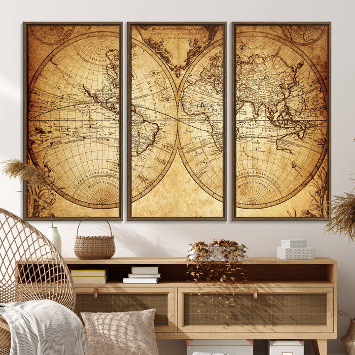 The 3-panel vintage world map canvas print hangs prominently.