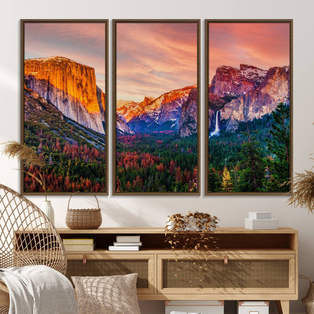 An El Capitan Yosemite Canvas showcasing a sunset over a mountain valley.