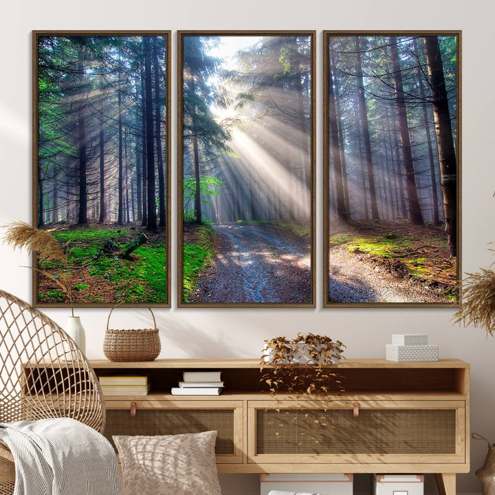 The dining area features a 3-panel Forest Path Canvas showcasing sun rays filtering through a misty forest.