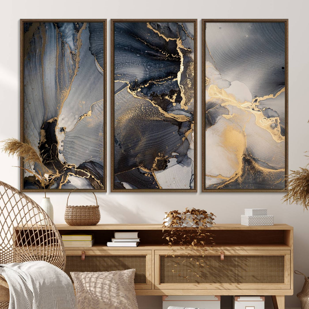 A Modern Marble Fluid Effect Abstract Wall Art with black, white, and gold swirls hangs in a modern kitchen.