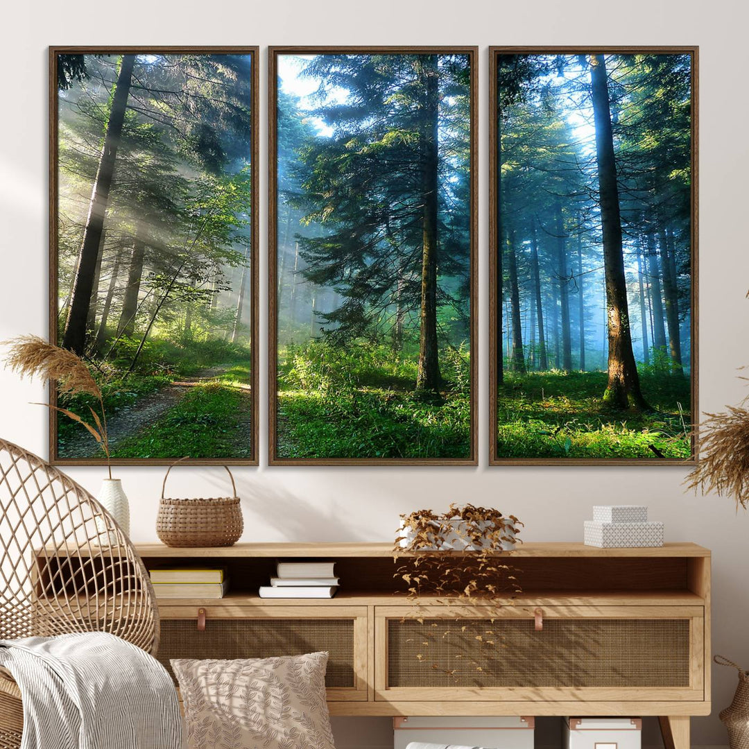 Enhancing the space is the Forest Sun Shine wall art canvas print, showcasing a serene forest scene.