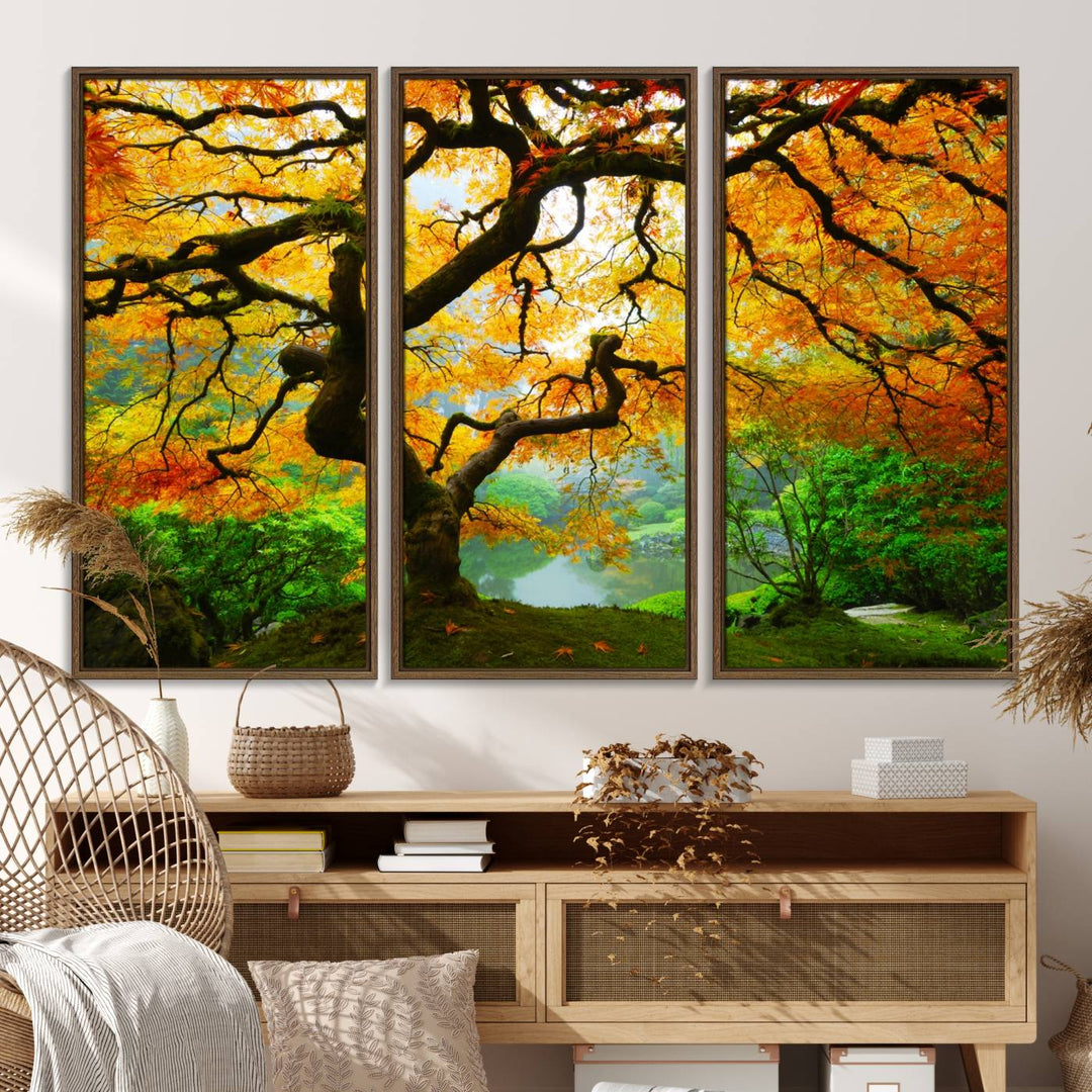 The Portland Japanese Maple Tree Canvas adds elegance to a modern living room.