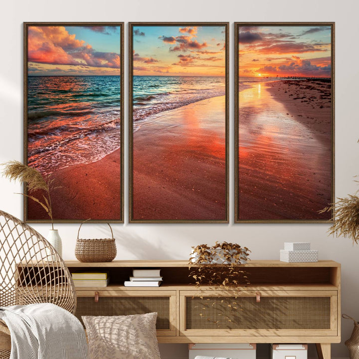 A Vibrant Sunset Beach Canvas Print with ocean waves and sandy shoreline enhances coastal-themed interiors.