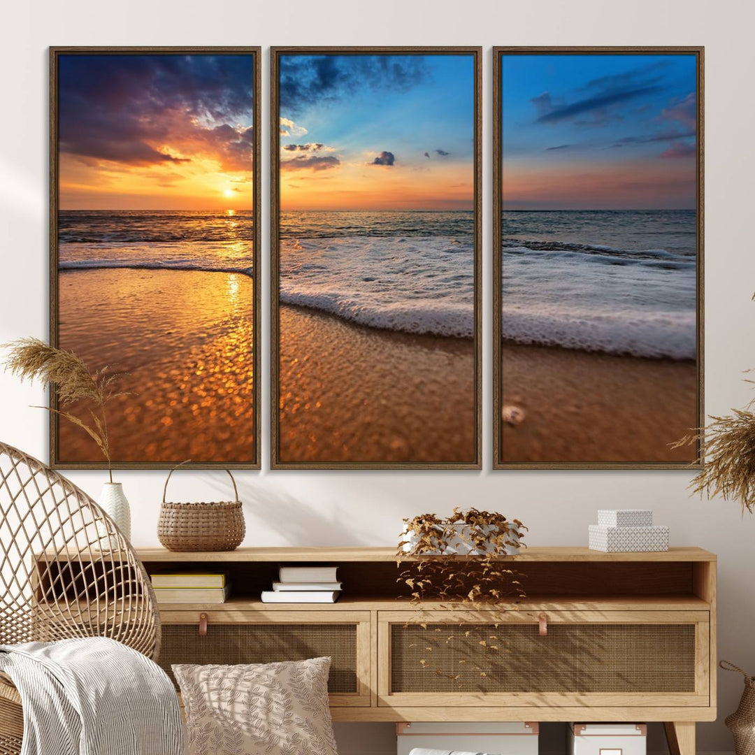 The Golden Sunset Beach Waves Triptych adds a modern coastal touch with its stunning seascape.