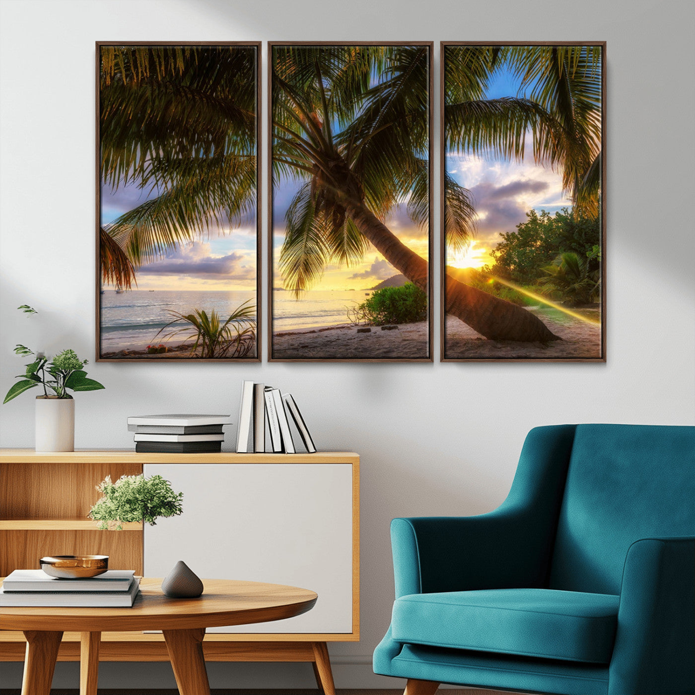MGV-FC-48X32-3P - Tropical Island Sunset on the Beach Palms Wall Art Canvas Print
