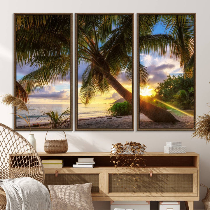 A Coastal Sunset Palm Tree canvas print hangs prominently.