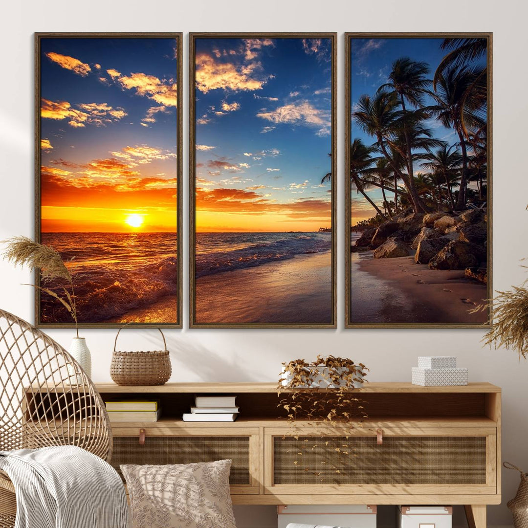 A stunning Tropical Beach Sunset Canvas Art featuring palm trees and ocean waves, created as a Giclee print.