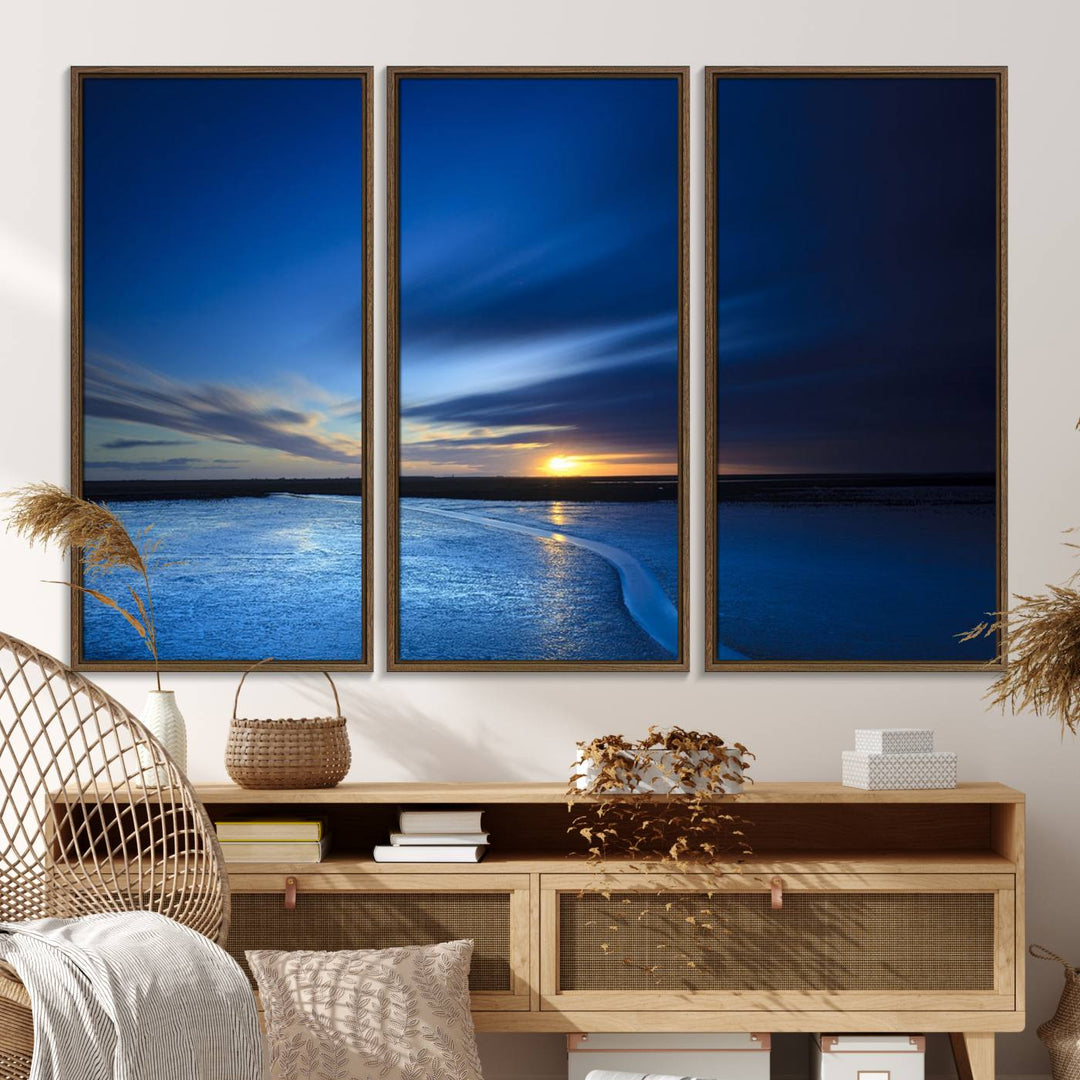 Modern decor: Deep Blue Ocean Sunset Triptych for a serene coastal vibe.