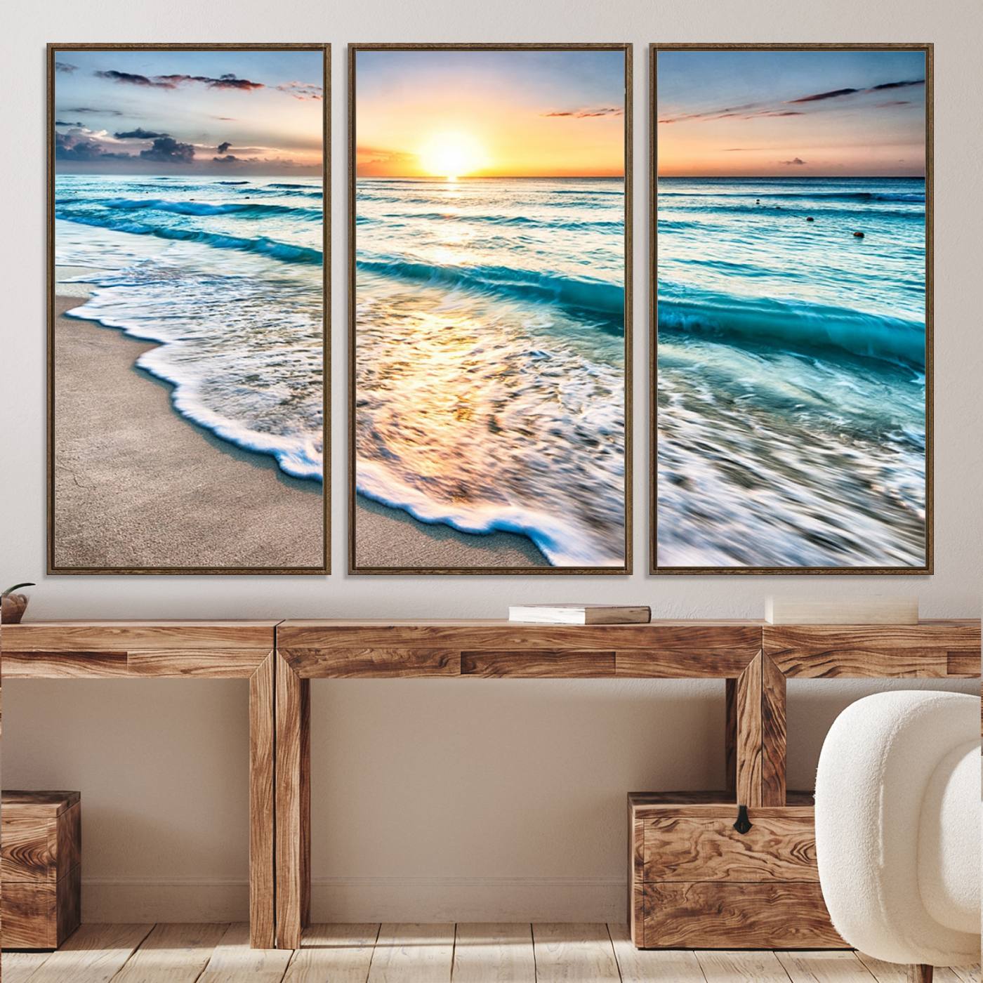 27815-MGV-CV-36X24-Sunset Beach Waves Canvas Wall Art – 5-Panel Ocean Sunset Print – Coastal Decor for Living Room or Bedroom – Ready to Hang