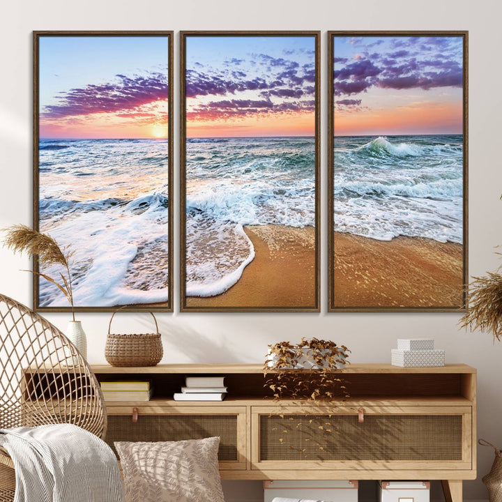 The Vivid Sunset Ocean Waves Triptych hangs on a wooden wall.