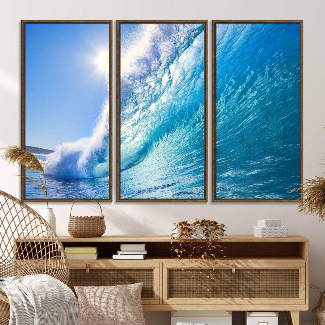 The Blue Big Wave Surfing Ocean Canvas adds a coastal vibe to a wooden wall.