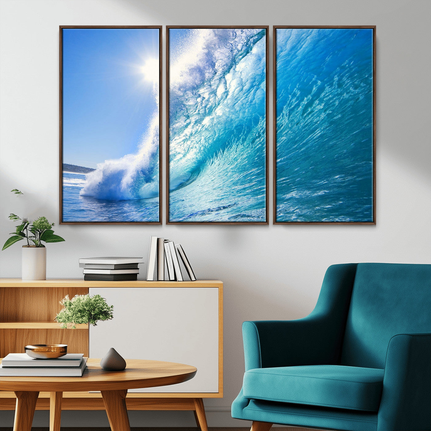 MGV-FC-48X32-3P - Blue Big Wave Surfing Ocean Canvas Wall Art Artwork Print , Surf Wall Art, Sea Wall Art