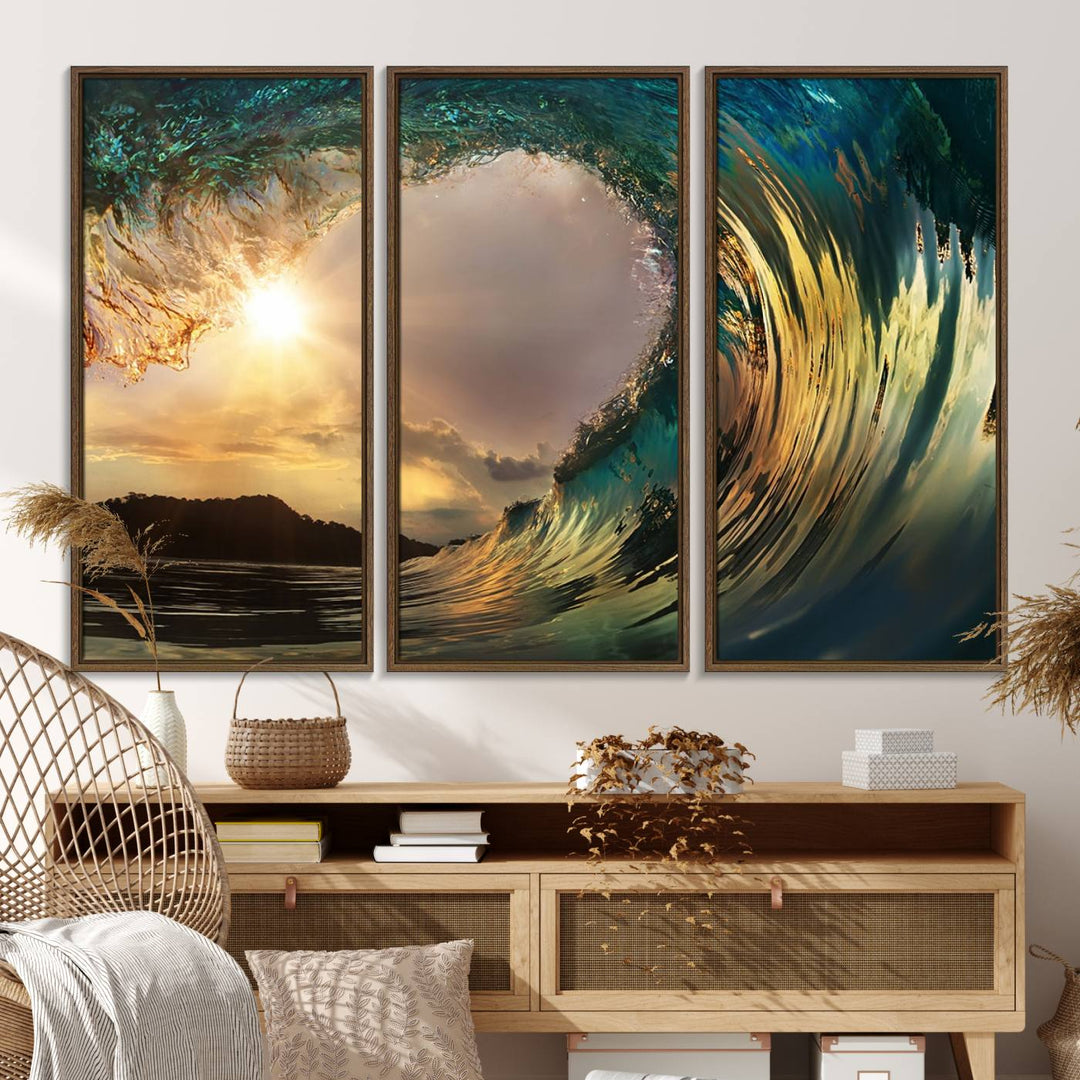 A Golden Wave Sunset Giclee hangs above, showcasing colorful ocean wave art.