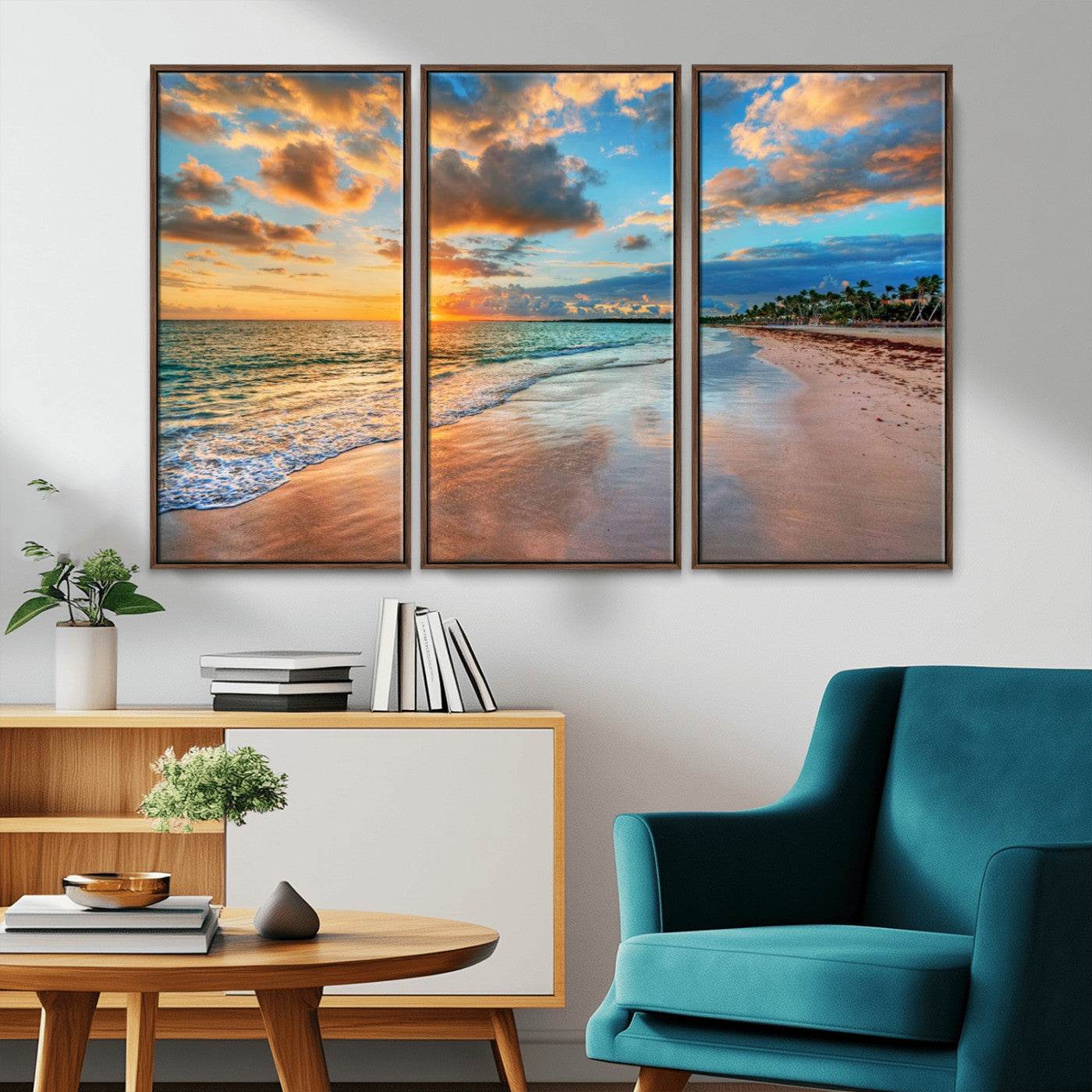 MGV-FC-48X32-3P - Sunset Ocean Waves on Tropical Beach, 3-Panel Giclee Canvas Art for Coastal Home Decor, Vibrant Palm-Lined Shore