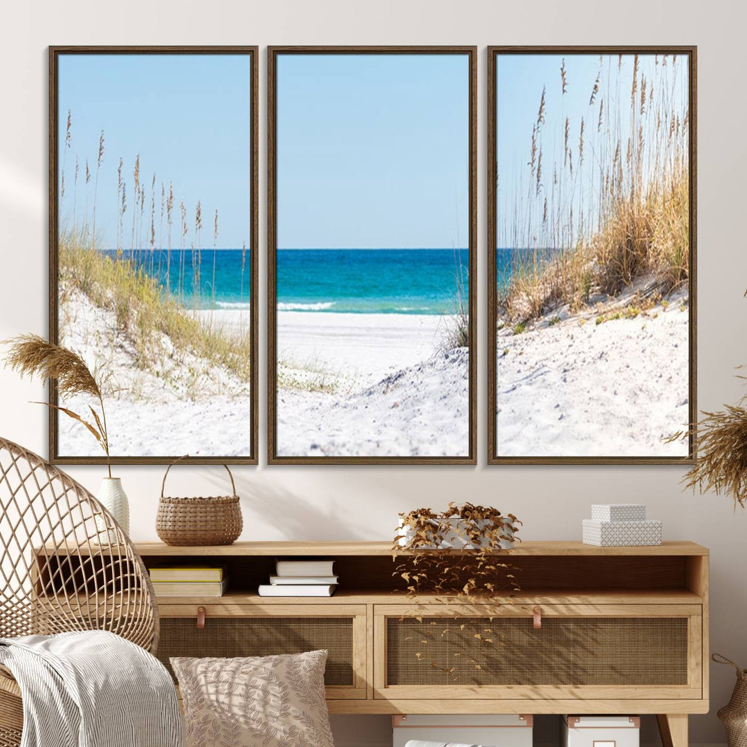 Serene Coastal Dune Path with Ocean View, 3-Panel Beach Canvas Art; tranquil seascape for coastal decor.