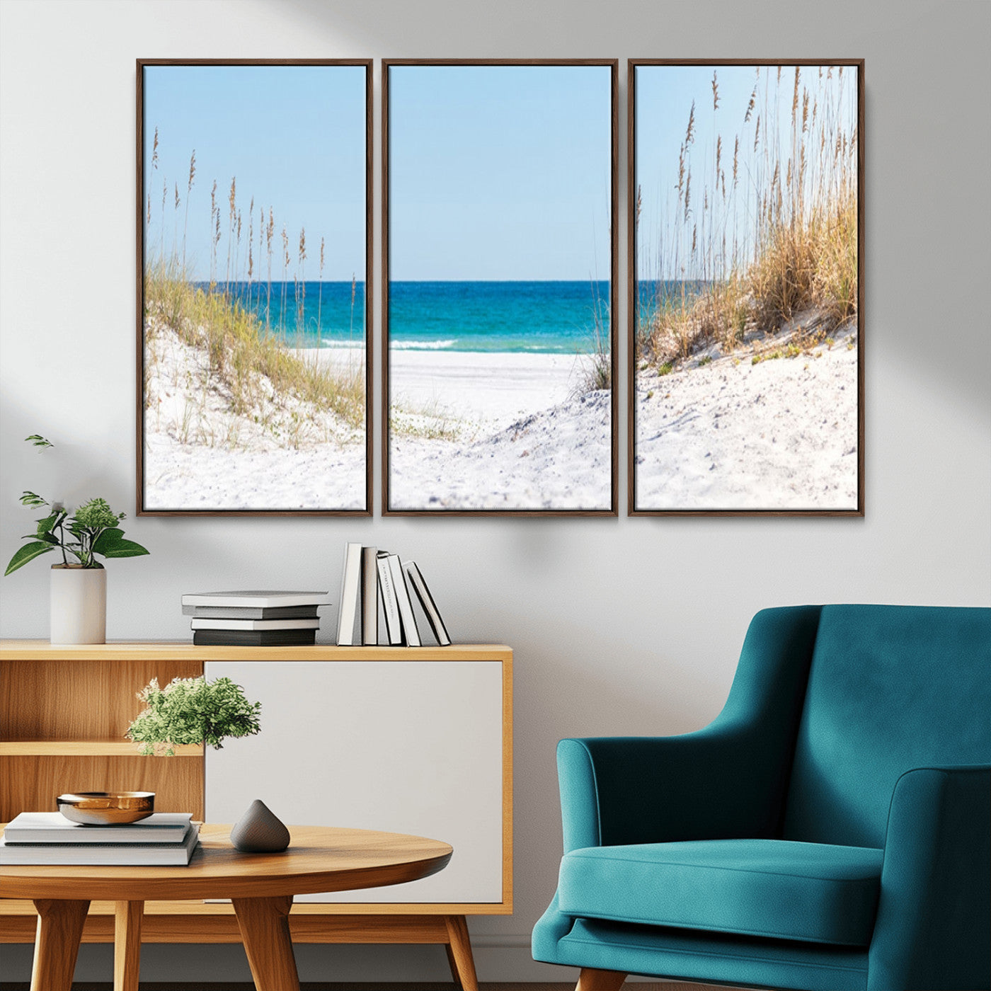 MGV-FC-48X32-3P - Serene Coastal Dune Path with Ocean View, 3-Panel Beach Canvas Wall Art, Tranquil Seascape Giclee Print, Gallery Wrap, Perfect for Coastal Home Decor
