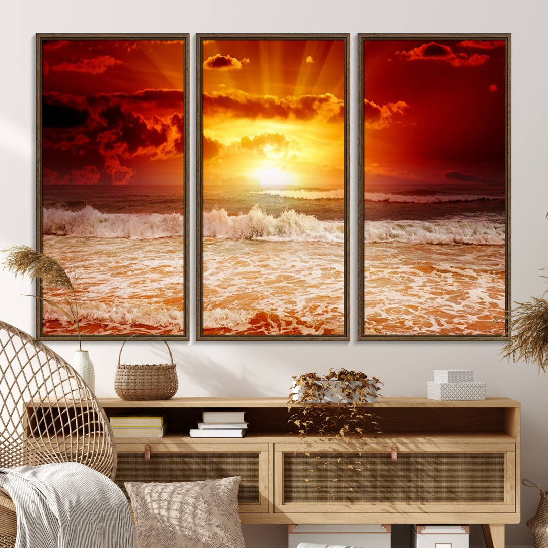 The Red Sunset Ocean Beach Canvas depicts ocean waves.