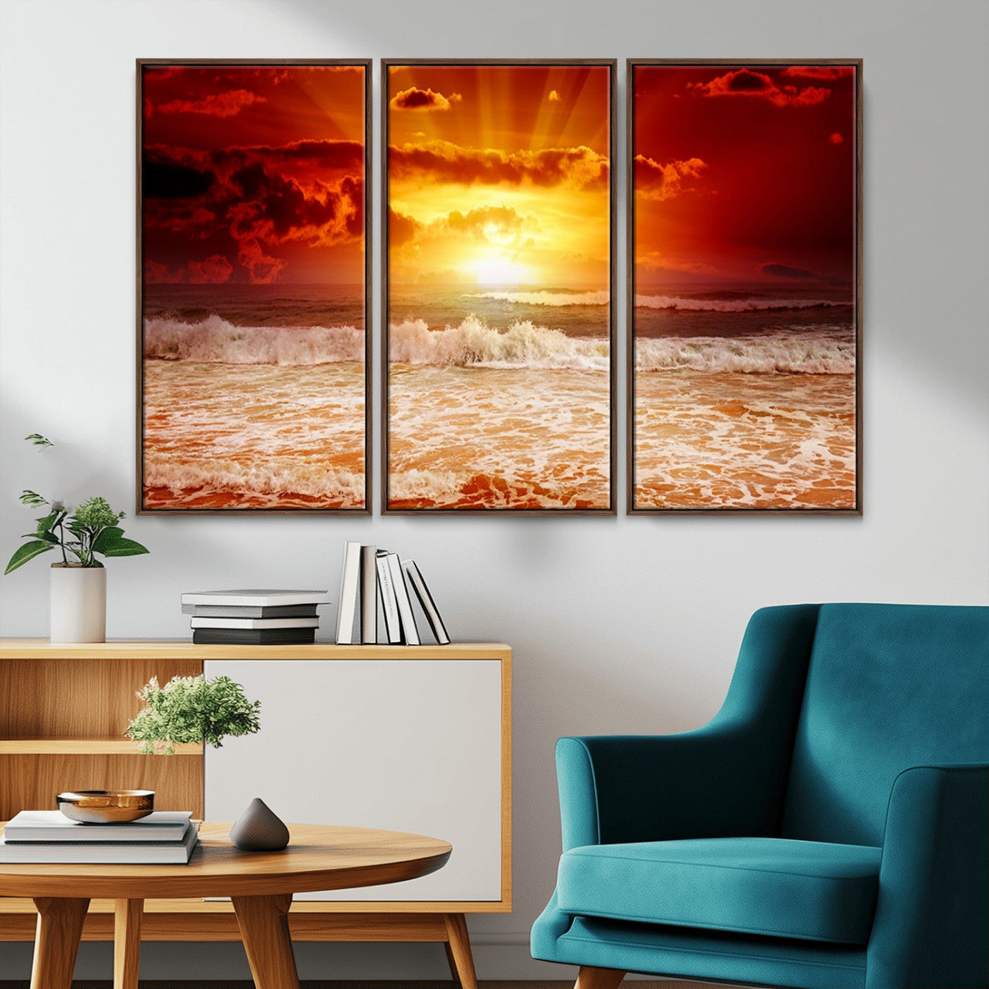 MGV-FC-48X32-3P - Red Sunset Ocean Beach Canvas Wall Art Beach Canvas, Coastal Sunset Print