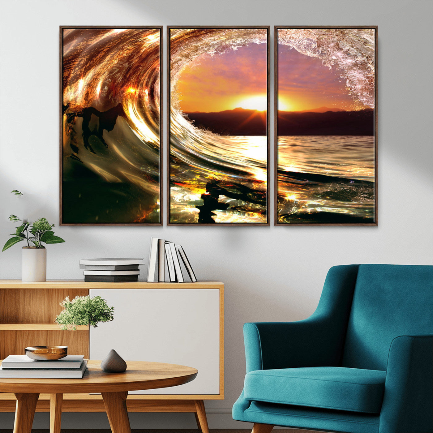 MGV-FC-48X32-3P - Golden Wave Sunset Triptych Canvas Art, Giclee Canvas Print of Ocean Wave and Sunset, Framed Ocean