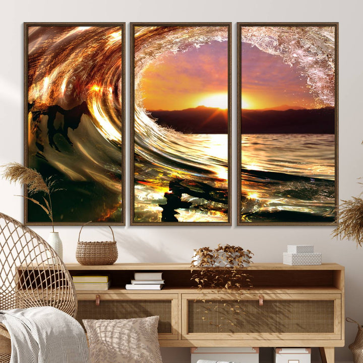 The Golden Wave Sunset Triptych Canvas Art showcases an ocean wave at sunset, casting warm light.