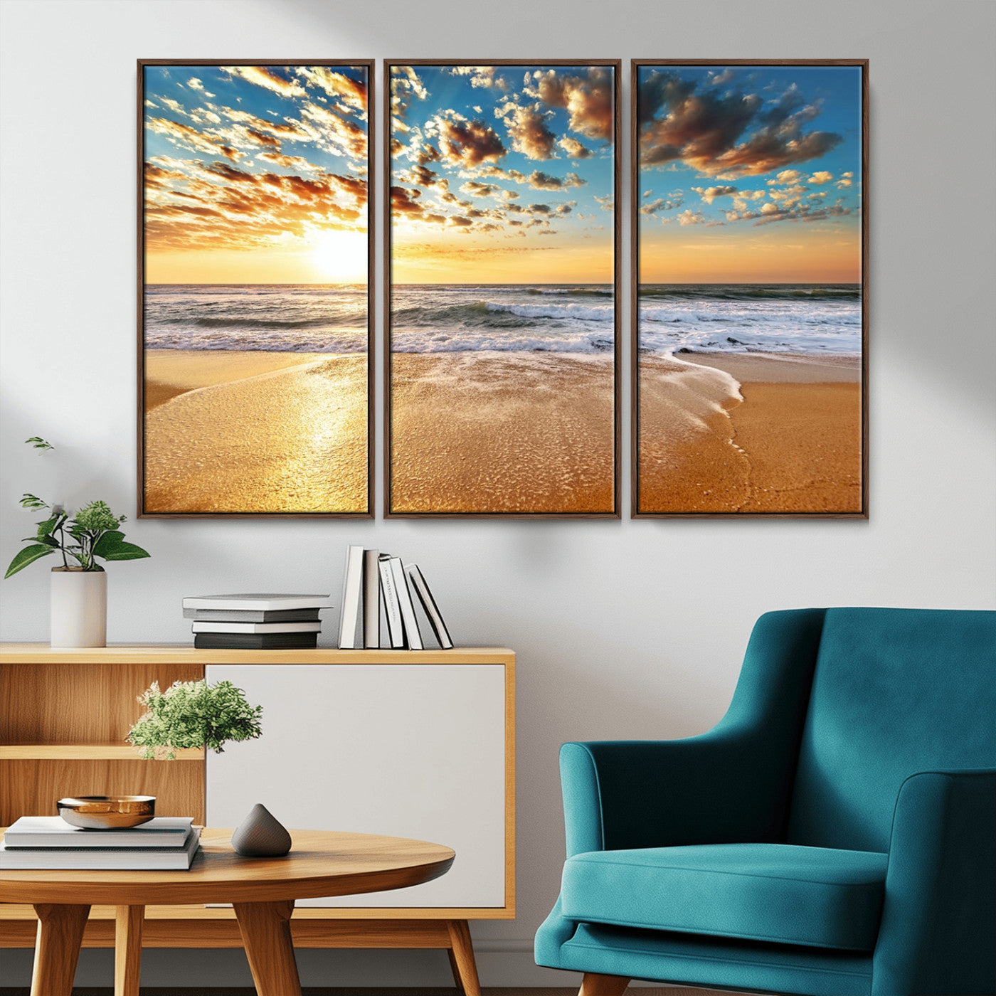 MGV-FC-48X32-3P - Golden Sunset Beach Print Canvas Wall Art, Giclee Canvas Print with Canon Print Quality, Triptych