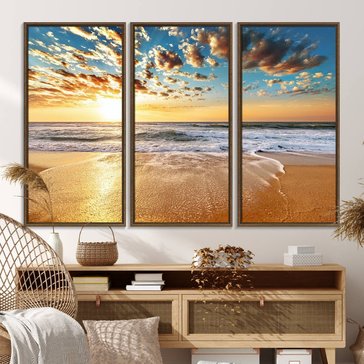 A Golden Sunset Beach giclee triptych canvas hangs prominently.