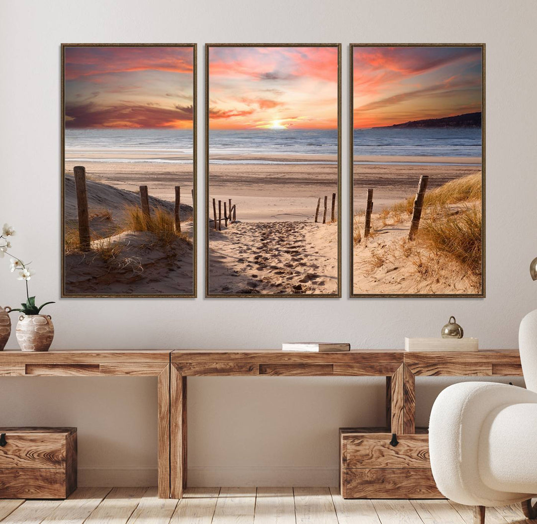 The Sunset on the Sea Wall Art Canvas Print beautifully captures a beach sunset and waves, enhanced with a UV-protective coating.