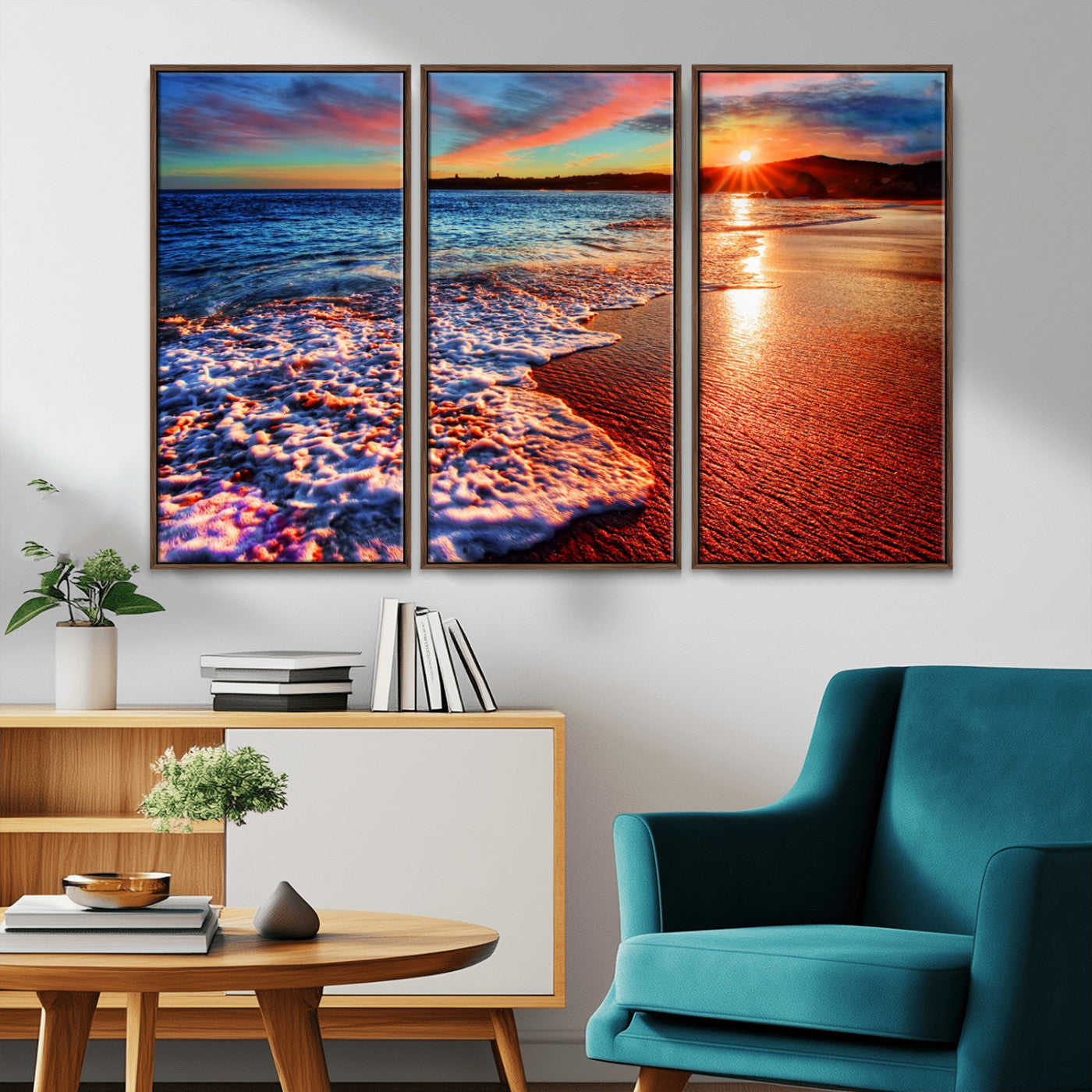 MGV-FC-48X32-3P - Colorful Coastal Sunset on the Beach Canvas Print, Ocean Waves Crashing at Dusk, Multi-Panel Seascape Vibrant Coastal Wall Art Canvas Print