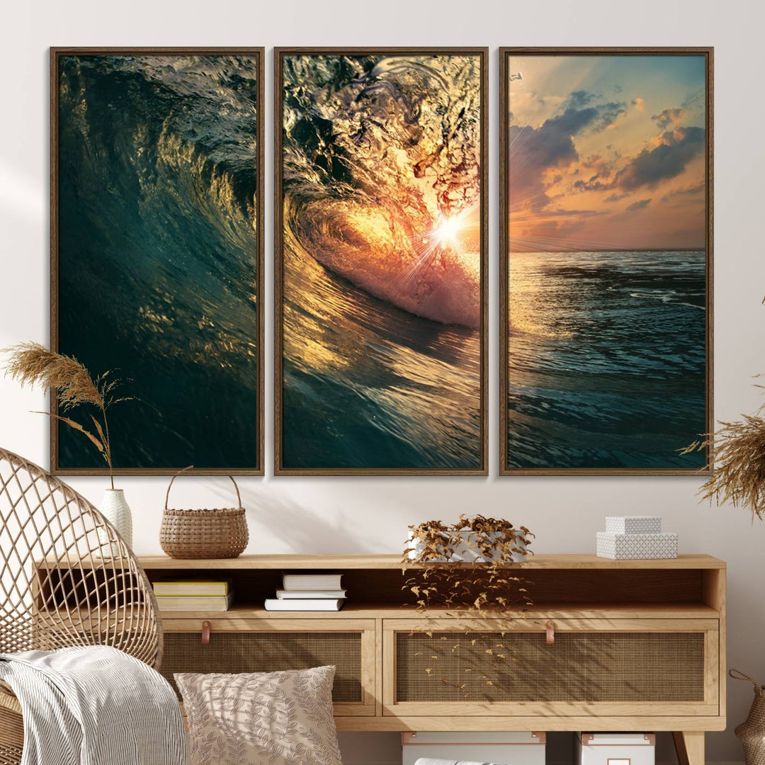 A triptych seascape titled Ocean Wave Sunset Canvas, featuring a stunning ocean view at sunset, is beautifully framed and ready to hang.