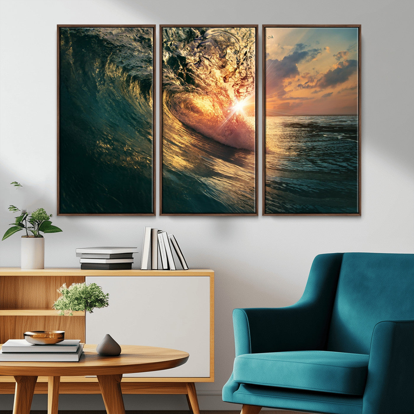MGV-FC-48X32-3P - Ocean Wave Sunset Canvas Wall Art – Triptych Seascape Print – Framed and Ready to Hang for Living Room or Office