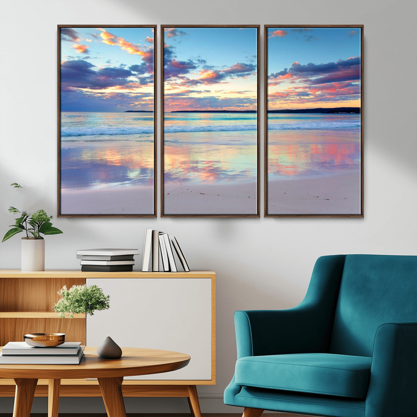 MGV-FC-48X32-3P - Tranquil Pastel Sunset Beach Triptych Canvas Art, Soothing Coastal Ocean Shoreline Giclee Print, Beach Reflections Wall Decor for Serene Spaces