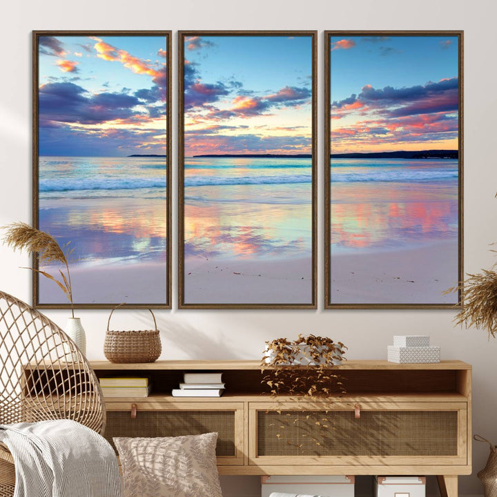 The Tranquil Pastel Sunset Beach Triptych Canvas Art hangs, showcasing its serene beauty.