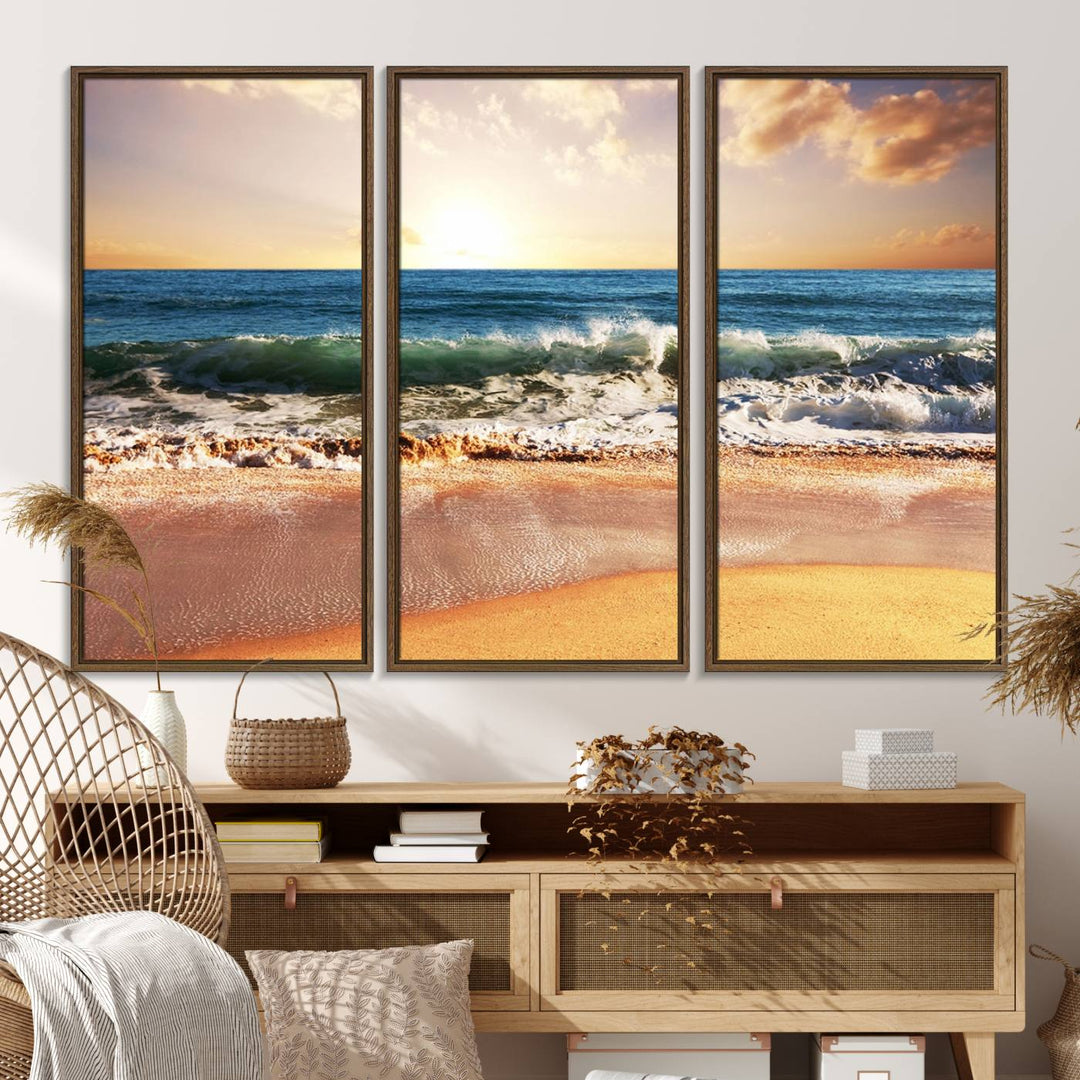 The wall features a Canon-quality Serene Beach Path canvas giclee print, depicting coastal dunes.