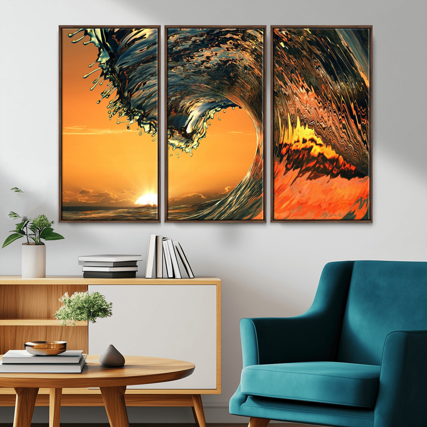 -Surf Wave Sunset Canvas Wall Art Print, 3-Panel Ocean Coastal Wall Art Print, Ocean Decor for