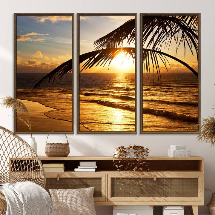 Golden Tropical Beach Sunset Canvas Triptych: Coastal Palm Art & Giclee Print with Gallery Wrap, capturing golden waves.