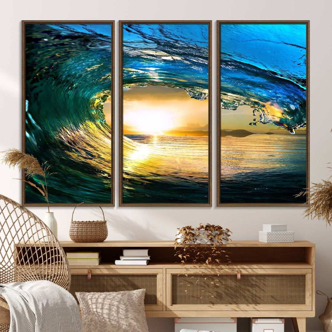 The Ocean Wave at Sunset Canvas Art exudes a coastal vibe.